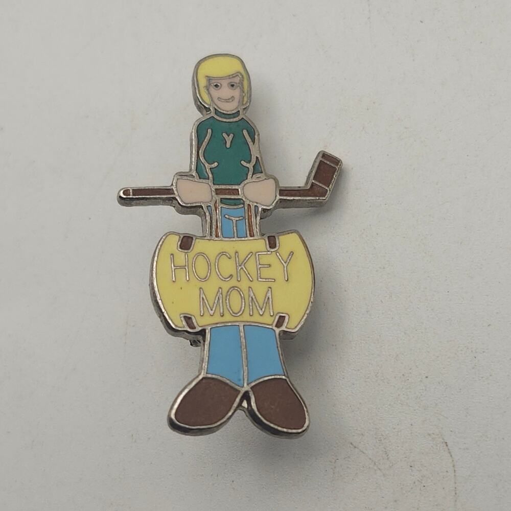 Vintage Hockey Mom Enamel Brooch Pin Player Stick Skates Jacket Sports Accessory